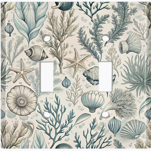 Metal Light Switch Wall Plate Outlet Cover (Damask Ocean Plants and Shells - Double Toggle)