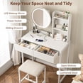 thumbnail image 2 of Makeup Vanity Desk with Mirror and Lights,Small Dressing Table with 2 Drawers & Open Shelves and Cushioned Stool,3 Lighting Modes for Bedroom,Small Space,White, 2 of 6