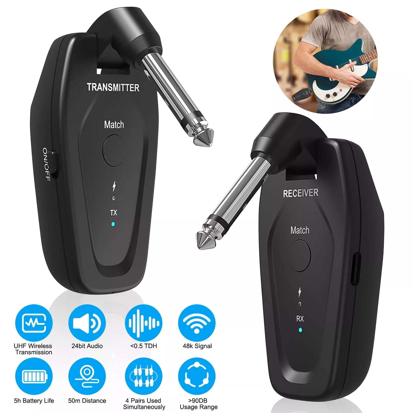 Portable Rechargeable Wireless Guitar System UHF Technology, 24bit/48kHz Sampling Rate for Guitarists and Musicians