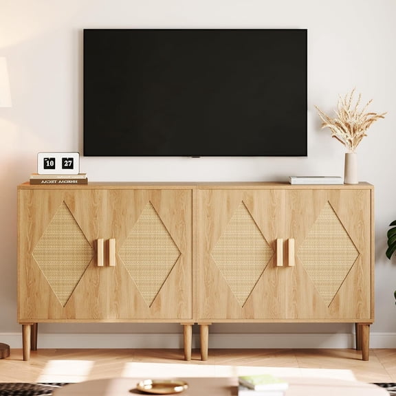 Modern Rattan Sideboard Cabinet – Adjustable Shelves, Woven Cane Doors, Sturdy Wood Legs – Versatile Buffet Storage for Kitchen, Dining Room, Living Room, Entryway