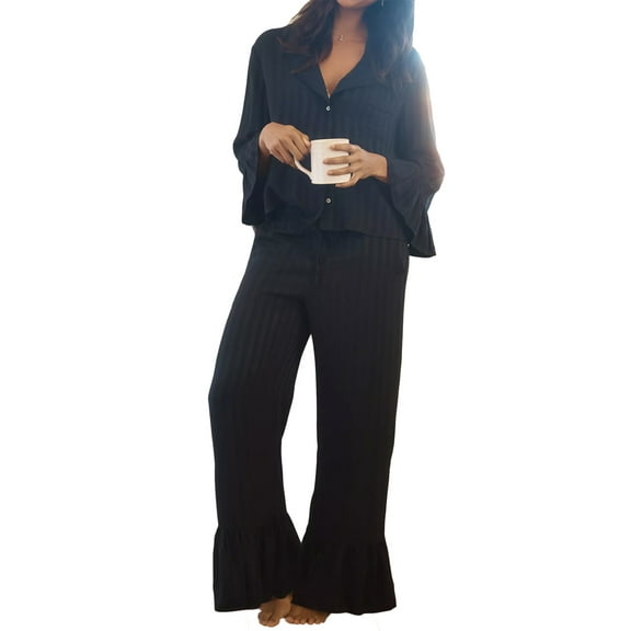 Michellecmm Women 2 Piece Pajamas Set Button up Flared Sleeve Shirt and Pants