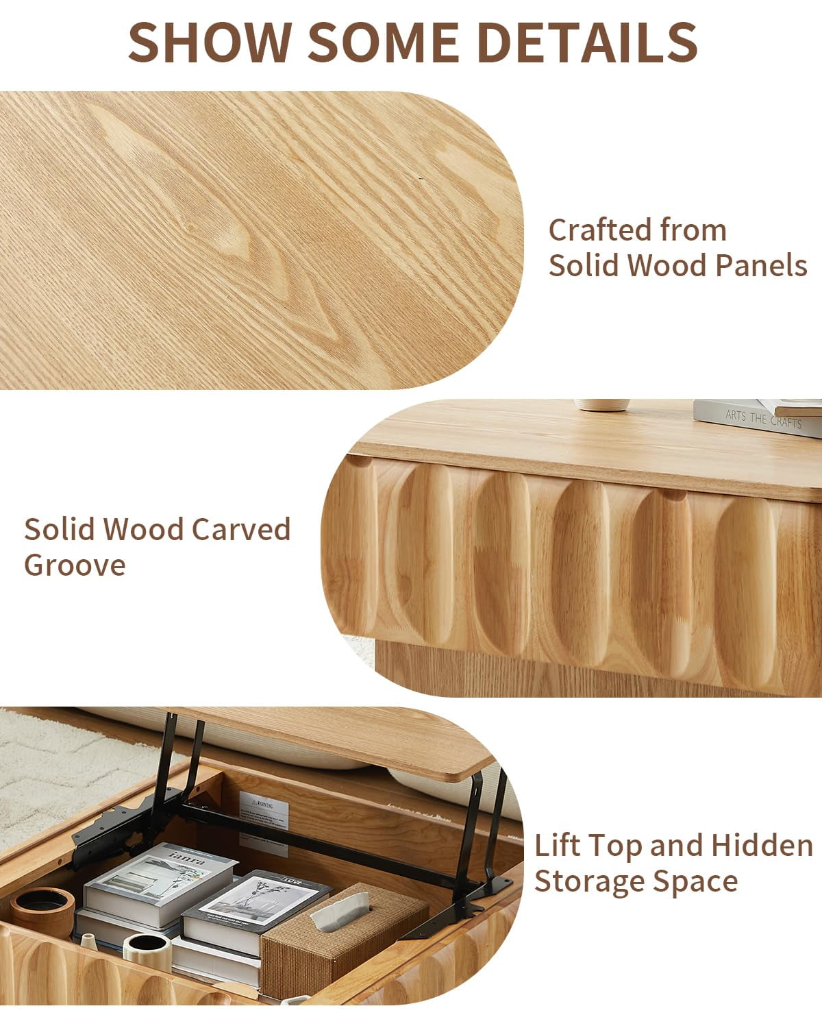 Lift Top Coffee Table with Hidden Storage, 31 inch Solid Wood Fluted Design for Small Space Living Room, Natural