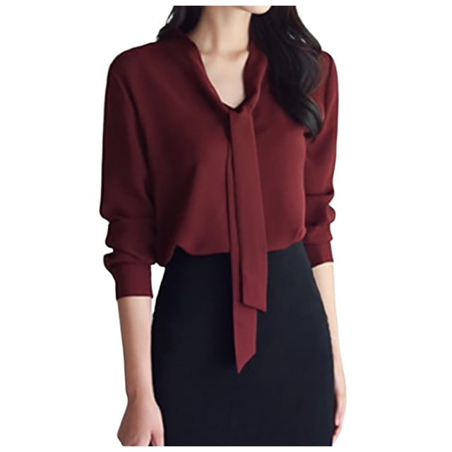 Blusa de manga larga con lazo para mujer - Color liso, poliéster, estilo informal de negocios - Tallas S-XXL