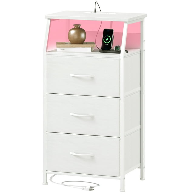 Eunos Petite Table de Chevet avec Poste de Recharge et DEL pour Chambre, Commode à 3 Tiroirs Blanche avec Étagères de Rangement