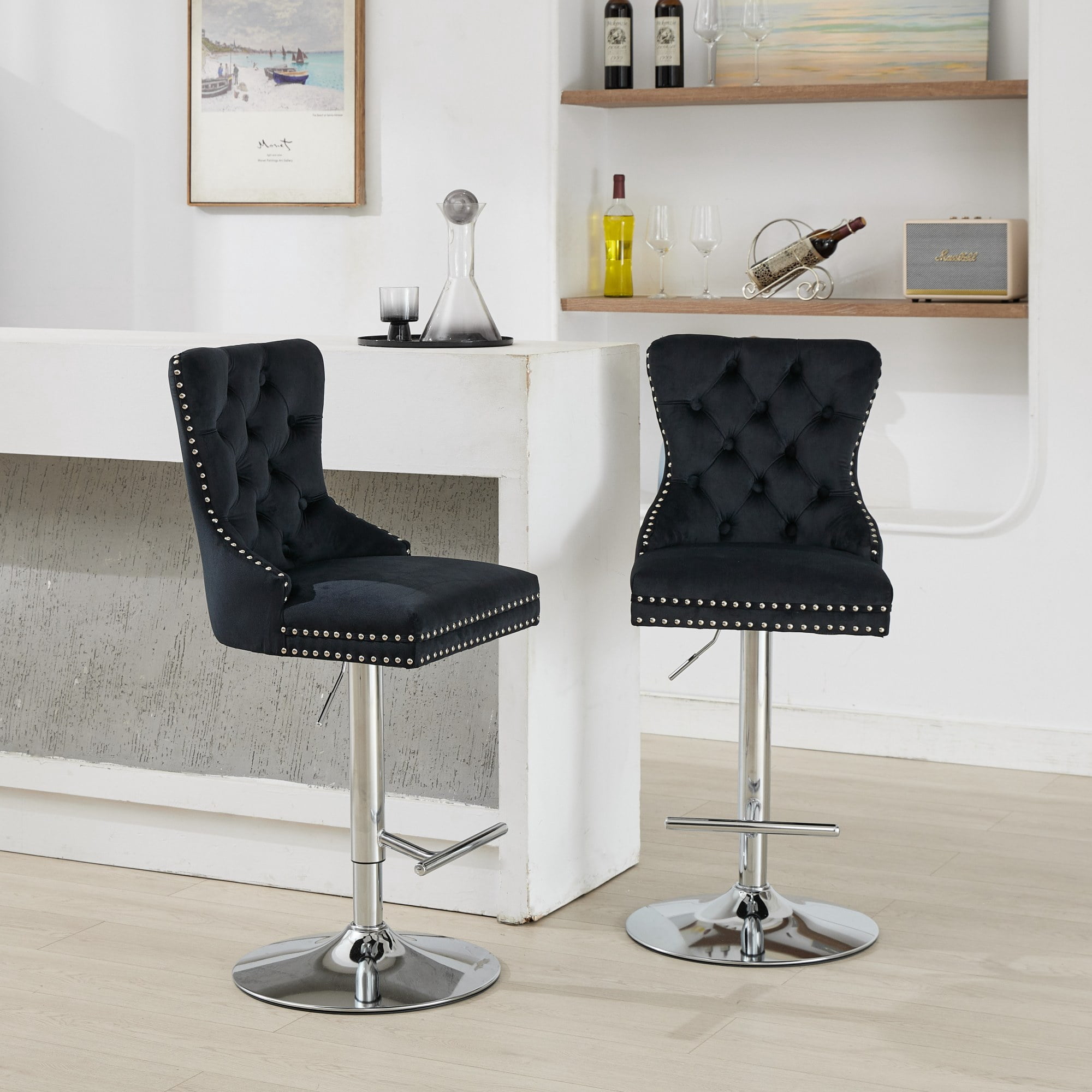 2-Piece Velvet Swivel Bar Stools, Adjustable Counter Height Dining Bar Chairs with Tufted Backrest and Nailhead Trim for Kitchen Island （Black with Silver Leg）