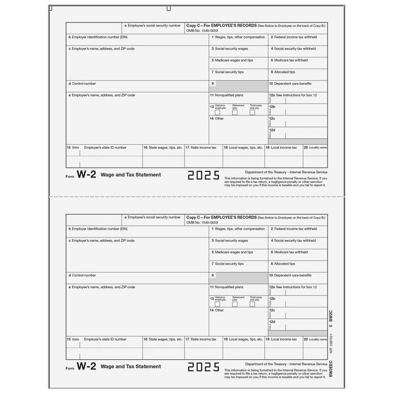 Blank 2025 W2 4 Up Tax Forms, 50 Employee Sets, 50 Sheets And 50 Self Seal Envelopes