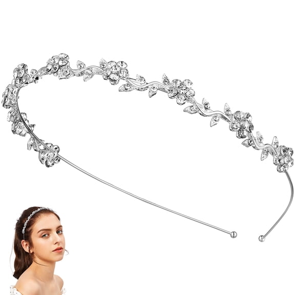 HEMOTON WINOMO Women's Crystal Bridal Flower and Leaves Crown Headband Tiara Headdress Set in Silver