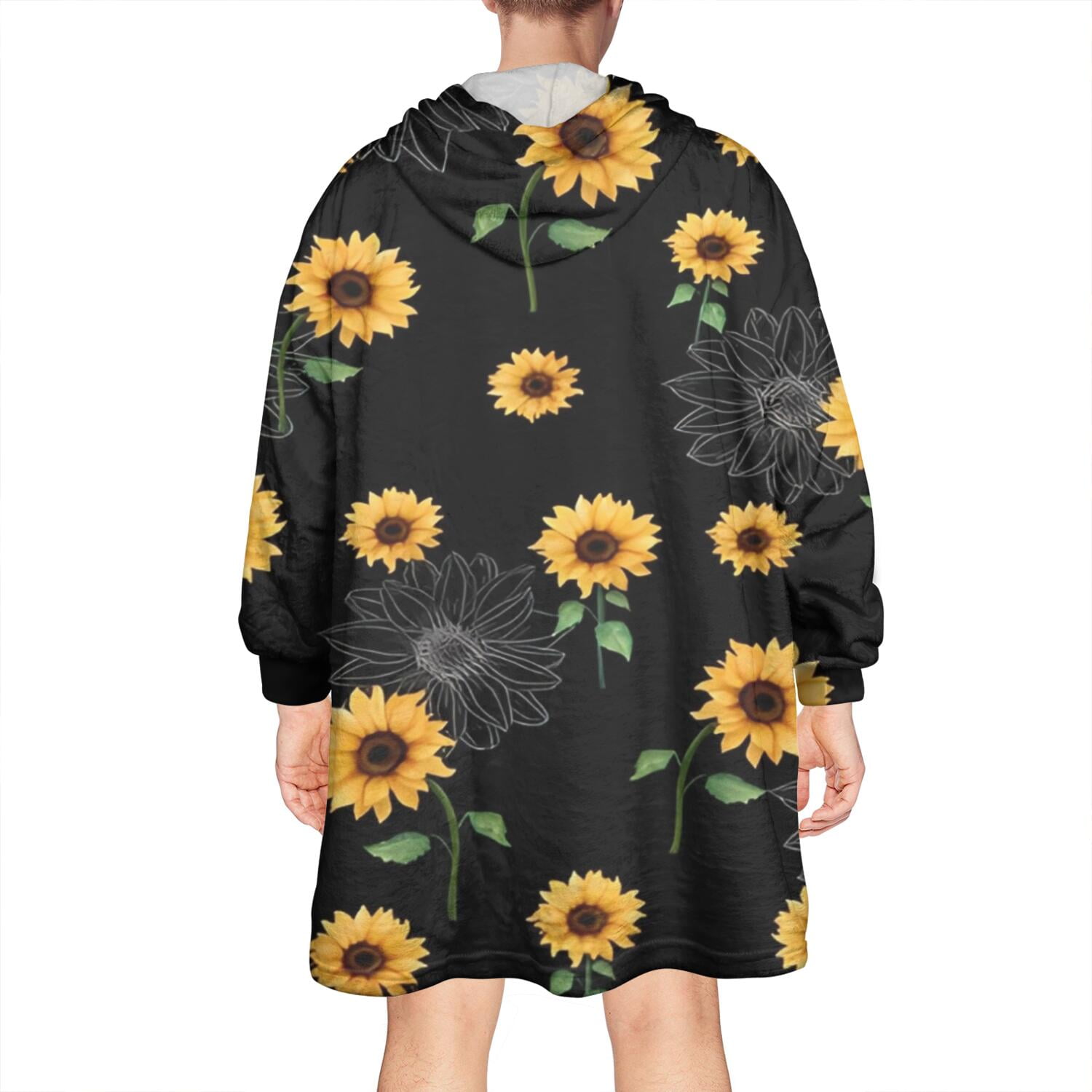 Black Yellow Green Stem Sunflower Pattern Wearable Oversized Blanket,Wearable Blanket Hoodie for Adults,Cozy Hooded Blankets with Super Pockets,Super Warm Fuzzy Pullover for Women & Men