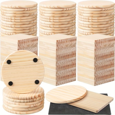 100-Pack Unfinished Wood Coasters - 50 Round & 50 Square | 4" Blank DIY Craft Coasters with Non-Slip Stickers | Paintable Home Decor
