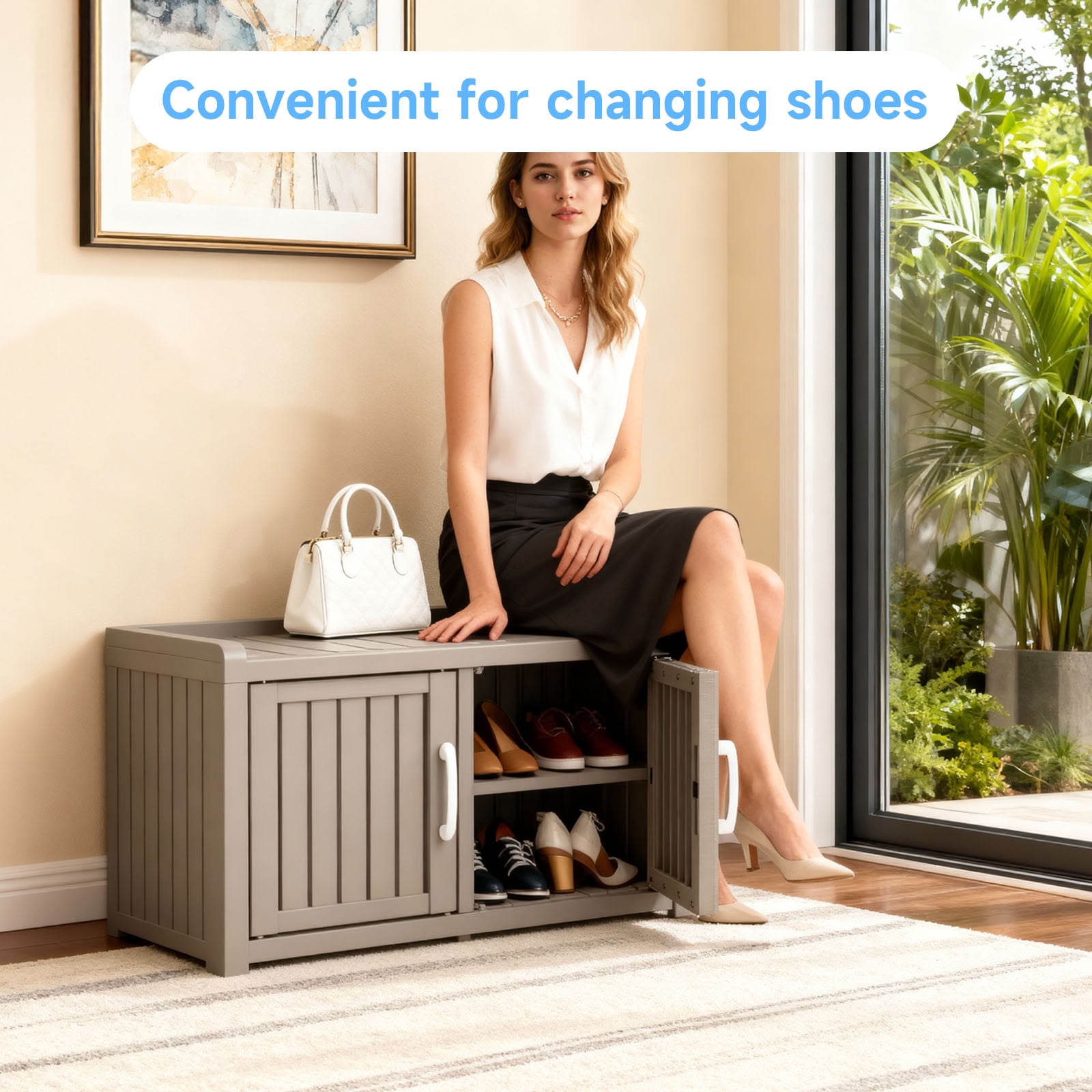MAYEERTY Two-Door Mini Entry Shoe Storage Cabinet, Weatherproof Shoe Organizer with Removable Layers