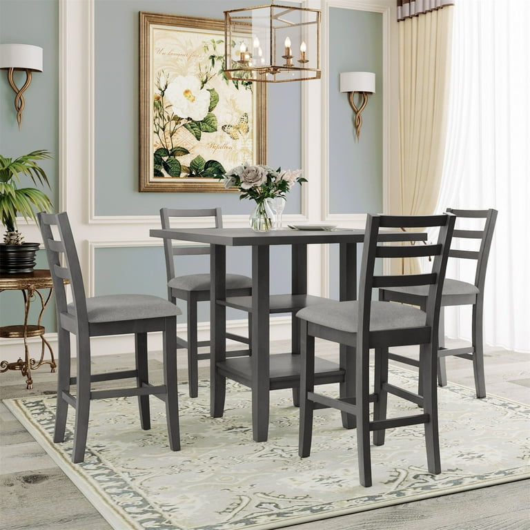5 Piece Dining Table Set Wooden Counter Height Square Dining