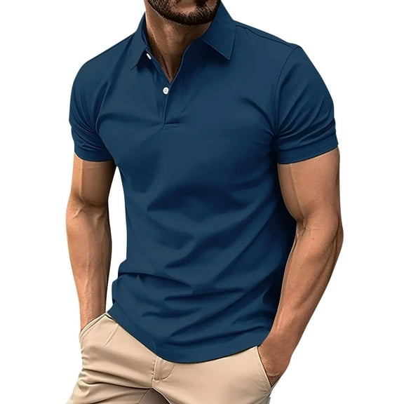 Elvqul Blue Shirts for Men Solid Slim Fit Pull on Short Sleeve Crew Neck Collared Summer Fashion Mens T-Shirts