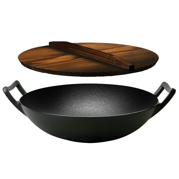NutriChef Pre Seasoned Cooking Wok Cast Iron Stir Fry Pan with Wooden