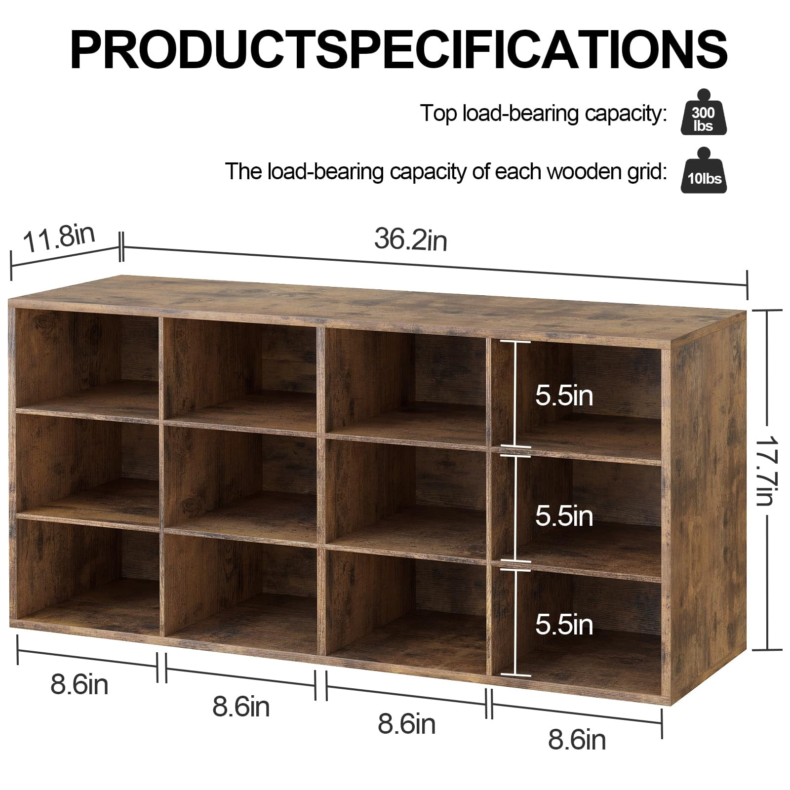 Shoe Storage Bench, Cubby Shoe Rack with 12 Cubbies, 3-Tier Wood Shoe Rack Organizer, Shoe Organizer Cabinet for Entryway, Hallway, Closet and Garage, Brown