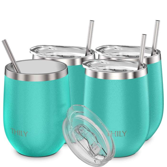 Stainless Steel Stemless Wine Glasses Teal Reusable Straws THILY 4 Pack Vacuum Insulated Cute Travel Wine Tumbler Set with Splash-Proof Lids Coffee Keep Cold & Hot for Wine 