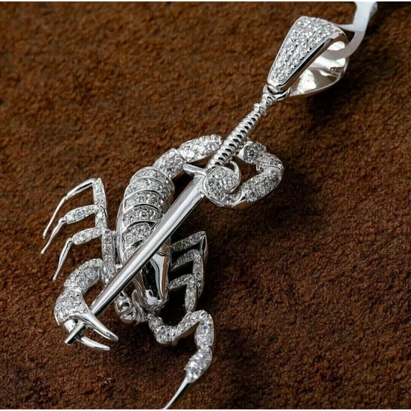 2 Ct Round Cut White Moissanite Scorpions Pendant 14K White Gold Plated