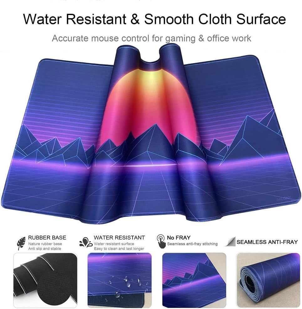 Large Gaming Mouse Pad, Extended XXL Desk Pad & Non-Slip Rubber Mat for Mice and Keyboard with Stitched Edges (90x40 retrosunset012)