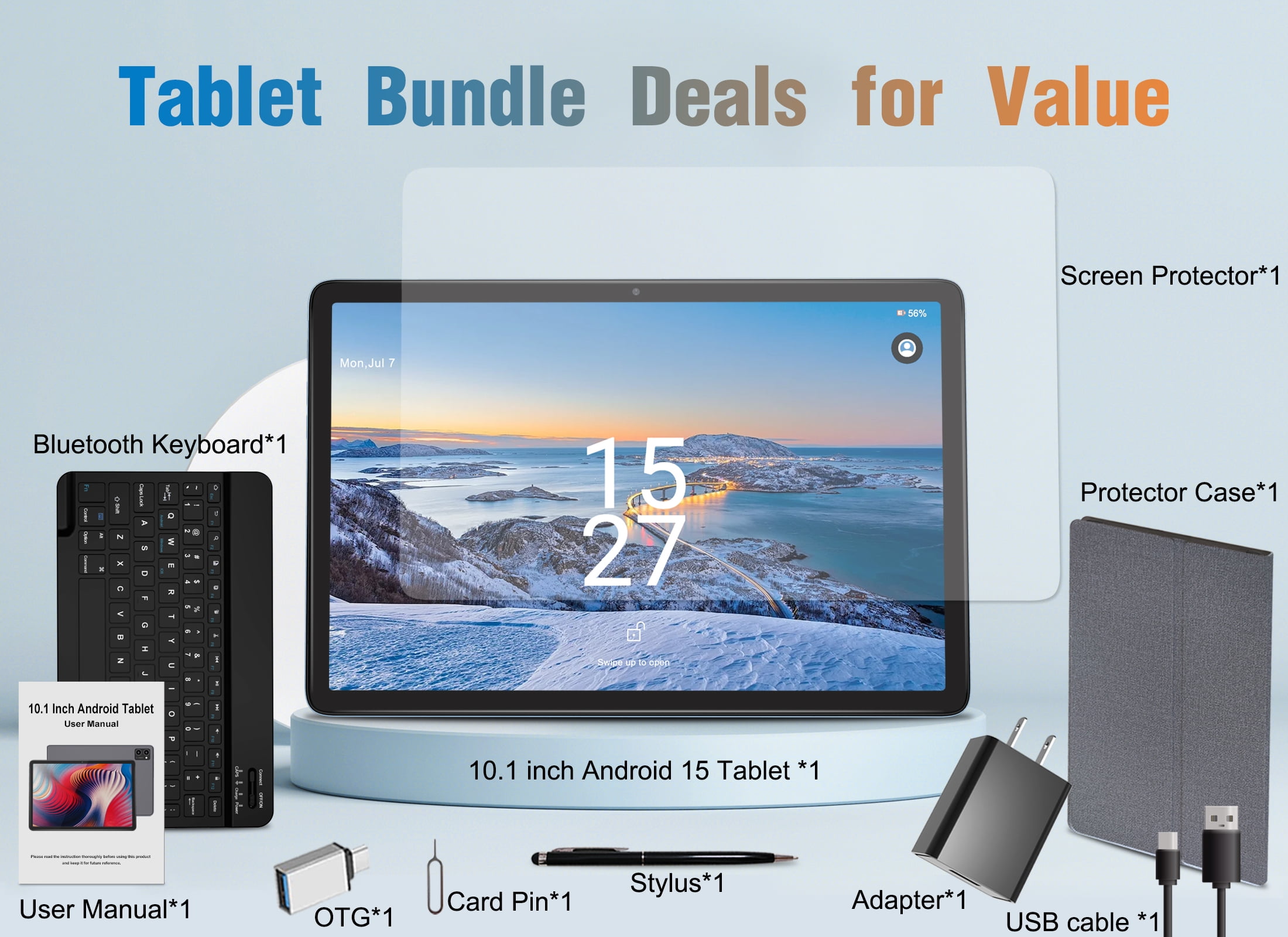 Latest Android 15 Tablet, 128GB ROM+16GB RAM+1TB Expand, 10.1 inch Tablet, 5G WiFi, T606 Octa-Core, 3- Camera , Incell IPS Screen, 8000mAh, Tablet with Keyboard, case, stylus, Dual speakers