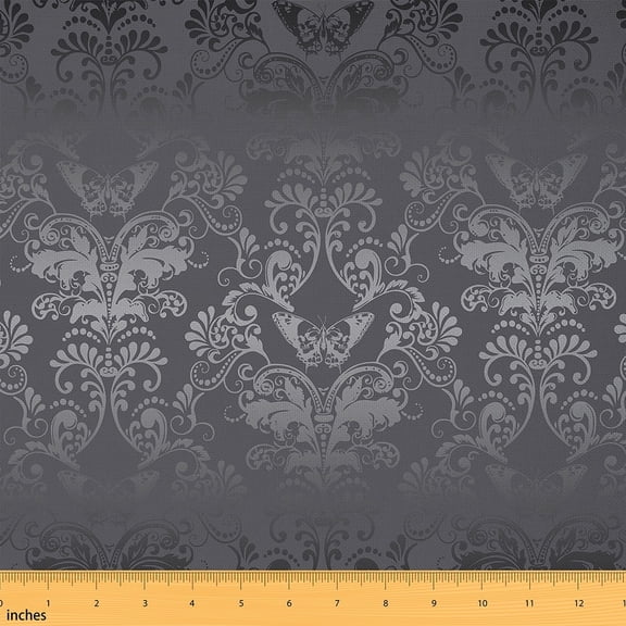 Erosebridal Grey Damask Fabric By The Yard,Exotic Butterfly Upholstery Fabric,Bohemian Butterflies Floral Print Decorative Fabric,Gothic Style Indoor Outdoor Fabric,Black Grey,10 Yards