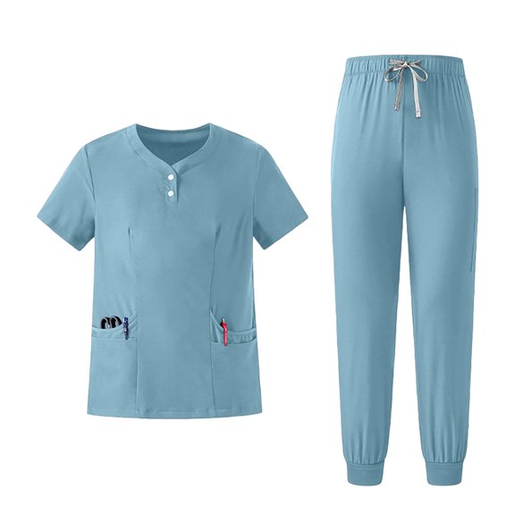 FGVCTG Women Quick Dry Scrub Sets, Solid V Neck Short Sleeve Top & Jogger Pants With Multi Pockets Comfort Uniform For Nurse Care Worker Medical Work Outfit Light Blue S