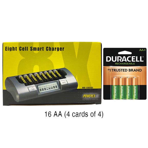 Powerex MH-C800S Eight Slot Smart Charger & 16 AA Duracell Rechargeable (DX1500) Batteries (2500 mAh)