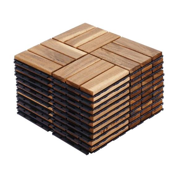 10 PCS Interlocking Deck Tiles, 12" x 12" Square Checker Pattern Outdoor Flooring, Yellow Acacia Hardwood for Patio, Balcony & Poolside