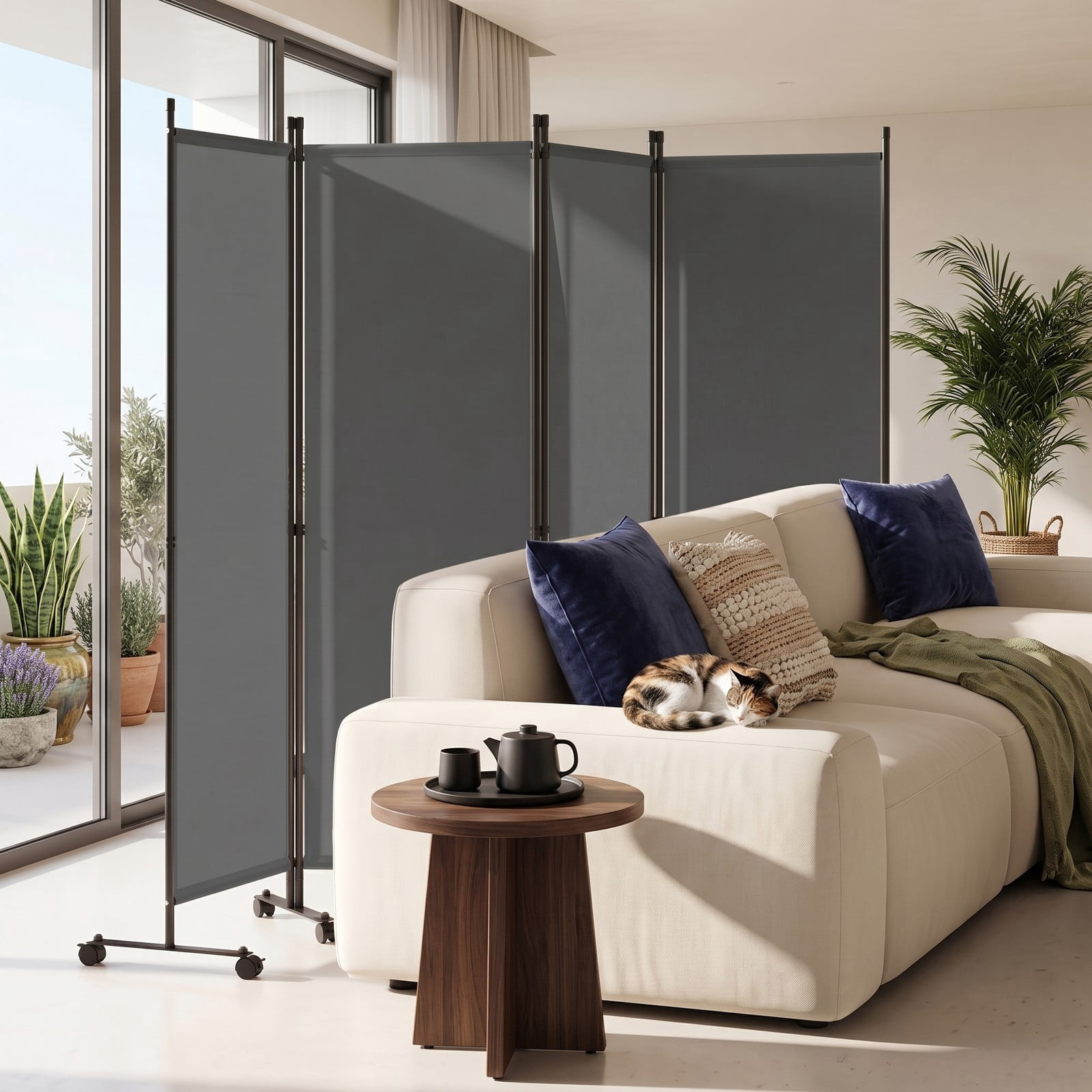ALPULON 4-Panel Room Divider Freestanding Privacy Screen with 10 Lockable Wheels, Foldable Polyester Fabric Partition with Heavy-Duty Metal Frame for Living Room, Gray