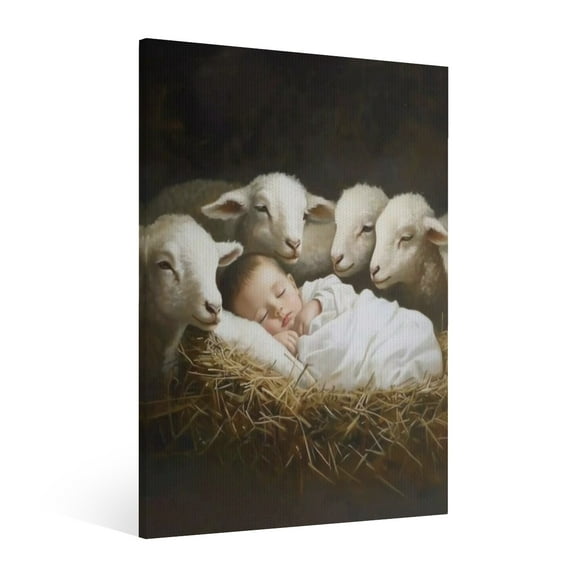Vintage Jesus Nativity With the lamb Scene Canvas Wall Art Paint Framed , Christian Watercolor Jesus Wall Art Decor,Christmas Wall Religious Artwork for Home Living Room,Bedroom Wall Decor