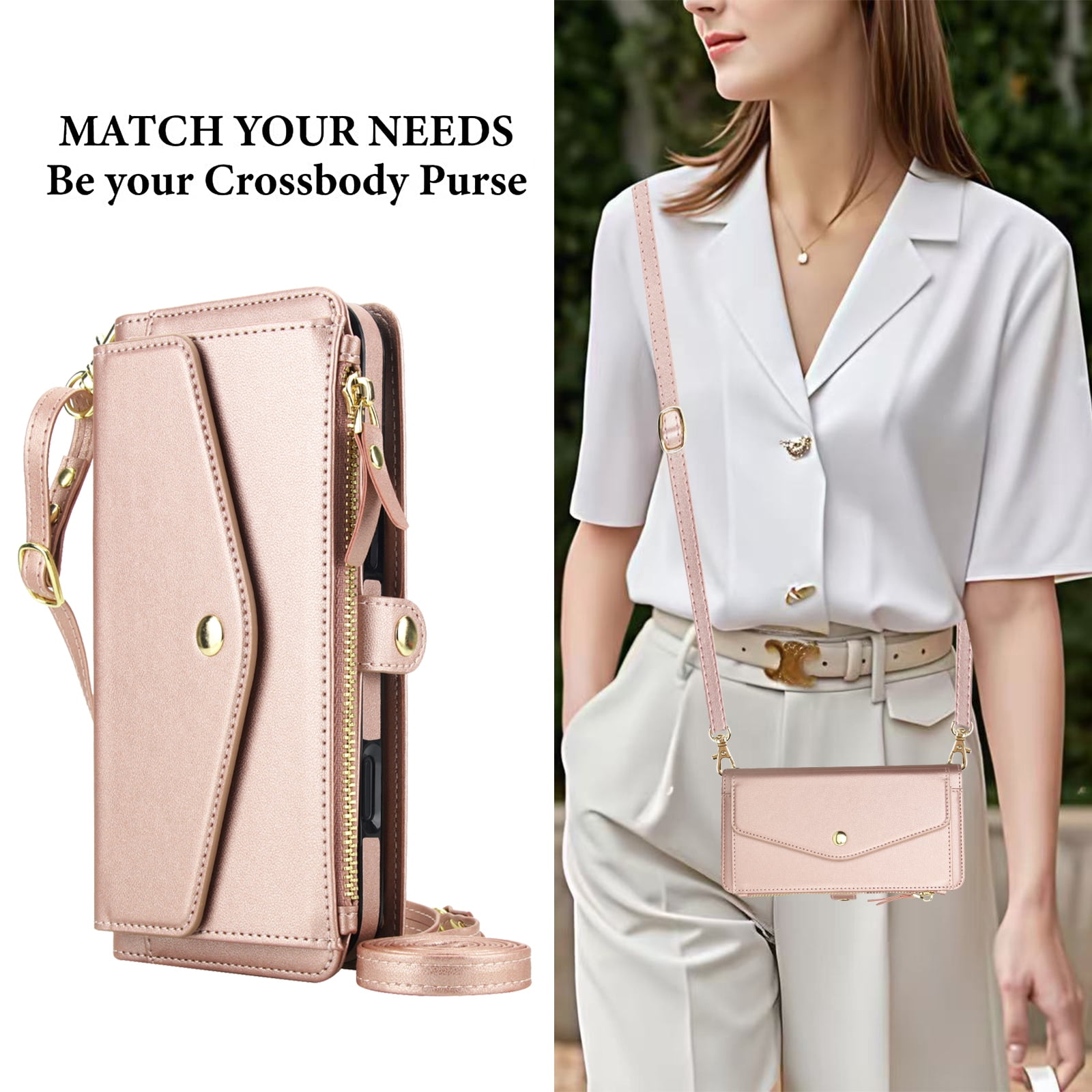 Dteck Crossbody Wallet for iPhone 15 Pro with Detachable Magnetic Phone Case, Compatible with MagSafe, RFID Blocking PU Leather Flip Cover Wrist Strap Zipper Card Holder Slots,Rosegold