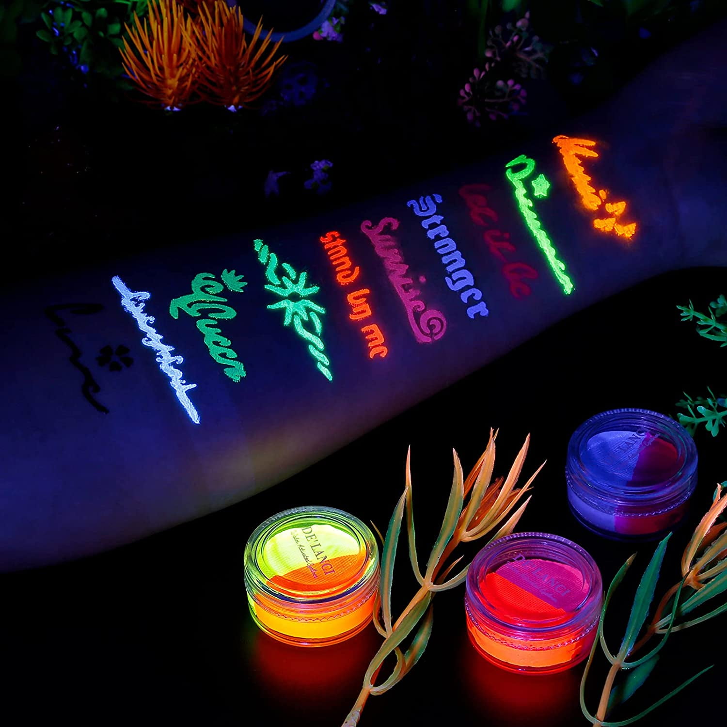 Water Activated Split Cake Eyeliner UV Glow Blacklight Fluorescent Paint  Onmay 14 Bright Color Retro Graphic Hydra Eye Liner Body Face Paint  Halloween Makeup (14color)