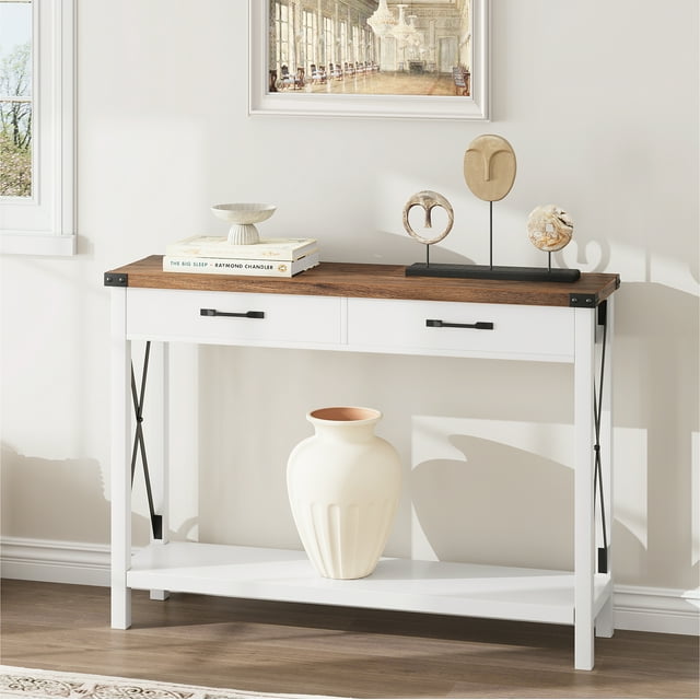 GloryStar Table Console d'Entrée Style Ferme, Design Rustique Mince avec Tiroirs et Tablette de Rangement Ouverte Inférieure
