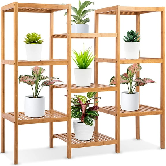 SereneLife Bamboo 9 Tier Plant Stand-Free Standing Storage Shelves for Multiple Potted Plants, Wood