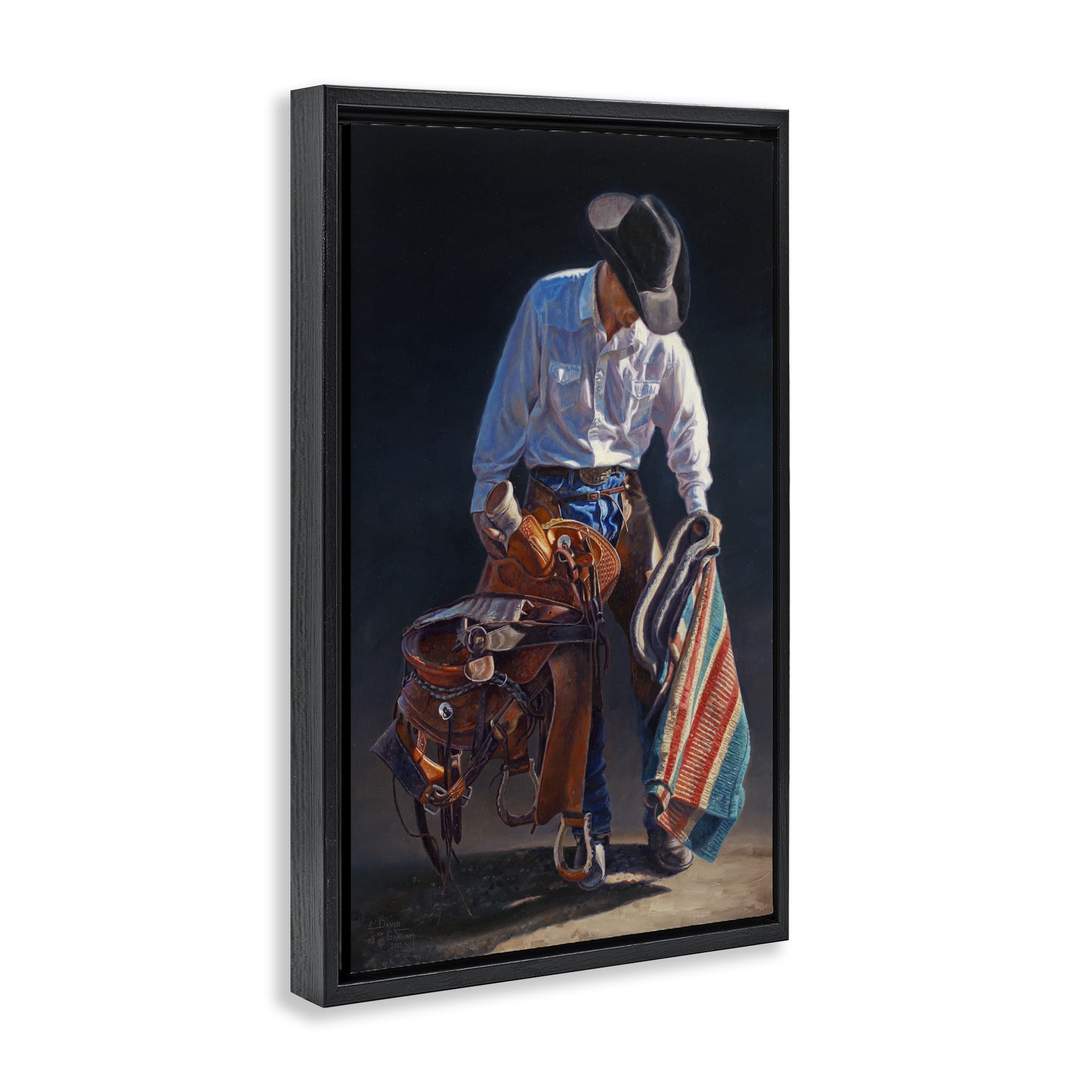 Stupell Industries Stoic Cowboy & Saddle Novelty Painting Black Floater Framed Canvas Art Print Wall Art, 17 x 25