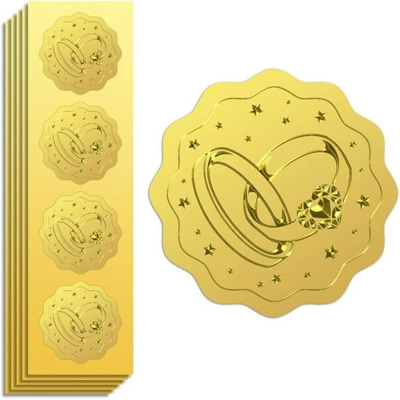Gold Foil Stickers Seals Embossed Wedding Rings 2 Inch 100Pcs Self Adhesive Gold Stickers for Wedding Invitation Wedding Anniversary Valentine’s Day Gift Decor Envelope Seals Gold