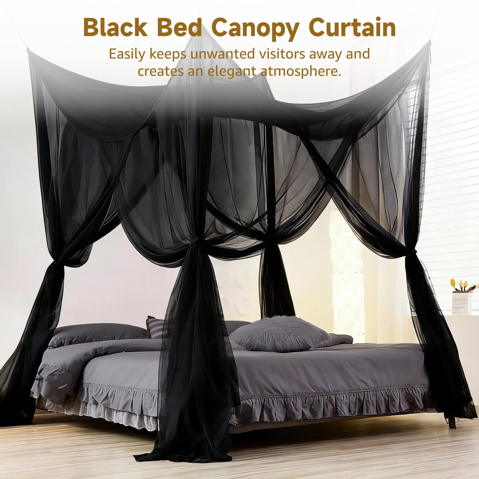 Mosquito Net for Bed, Elegant Black Bed Canopy Curtain, Four-Corner Netting with 4 Openings, Mysterious Polyester Bed Drape, Fits Full/Queen/King, 82.7 x 94.5 x 74.8"
