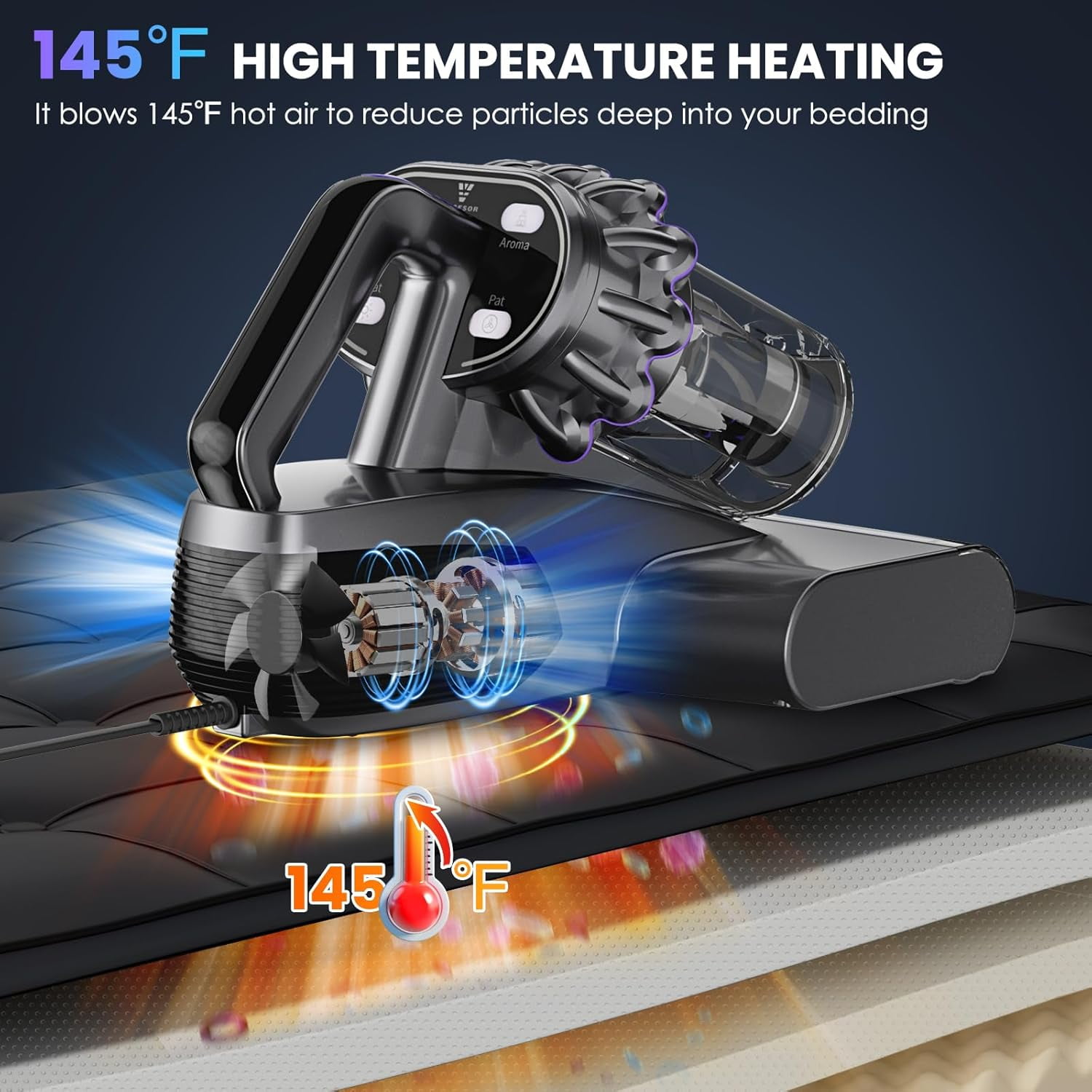 Mattress Vacuum Cleaner with UV-C Light & Heat, HEPA Filter, Handheld for Bed Sofa Carpet Pet Hair, Corded 500W Gray