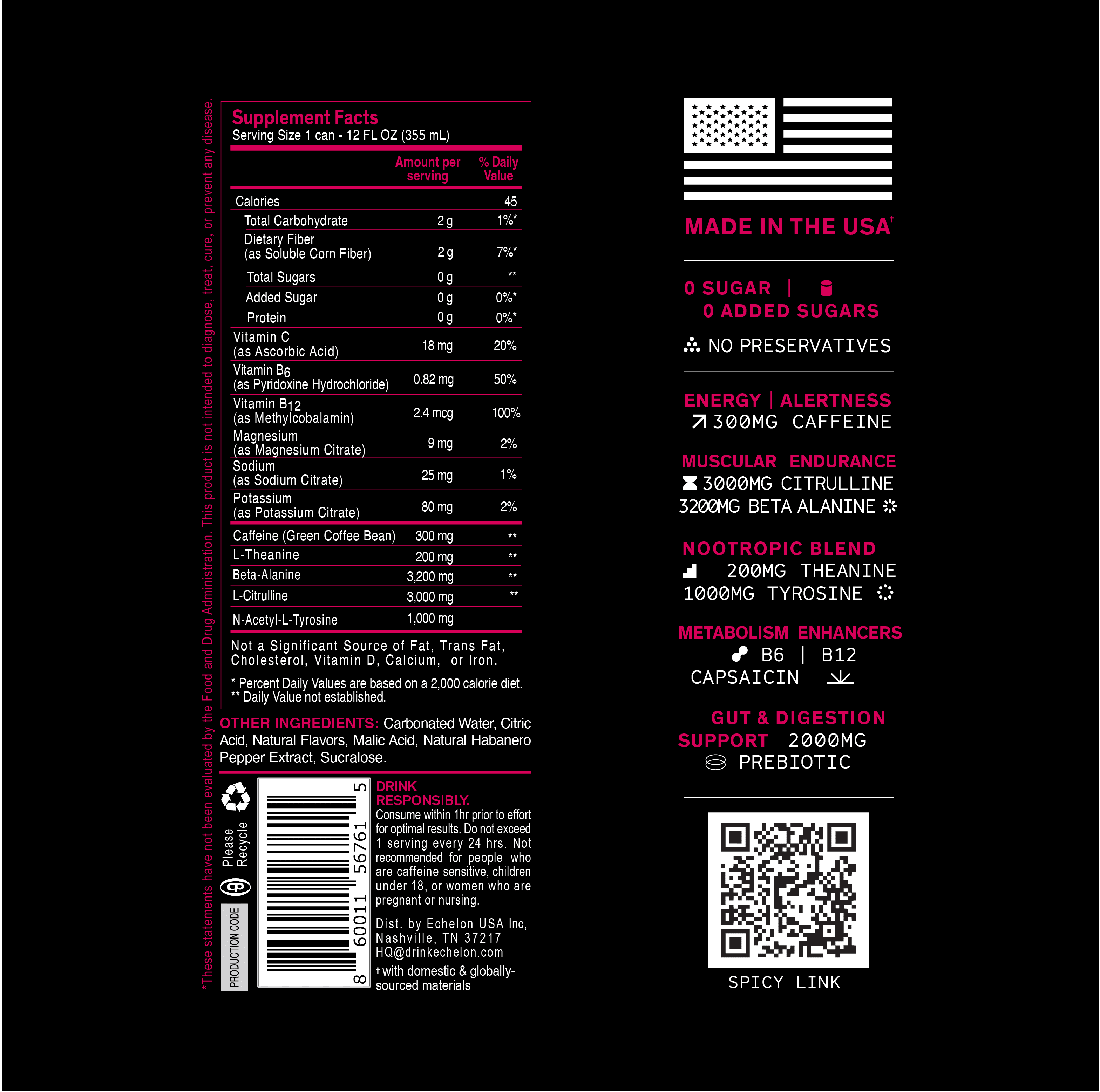 Echelon Energy Drink - 12-Pack Berry Habanero Flavor - Pre-Workout with 300mg Caffeine, L-Theanine, Beta-Alanine - Military Developed