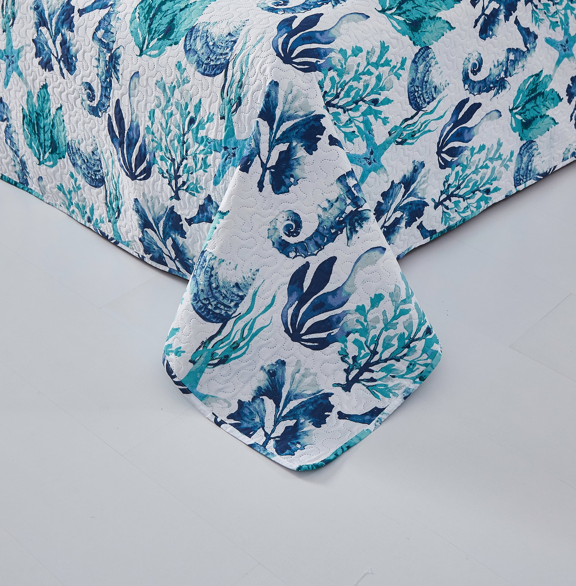 Smuge 3Pcs Twin Size Seashell Bedding,Soft Lightweight Microfiber Bedding Bedspreads Reversible Coverlet, 1 Quilt & 2 Pillow Shams (Blue)