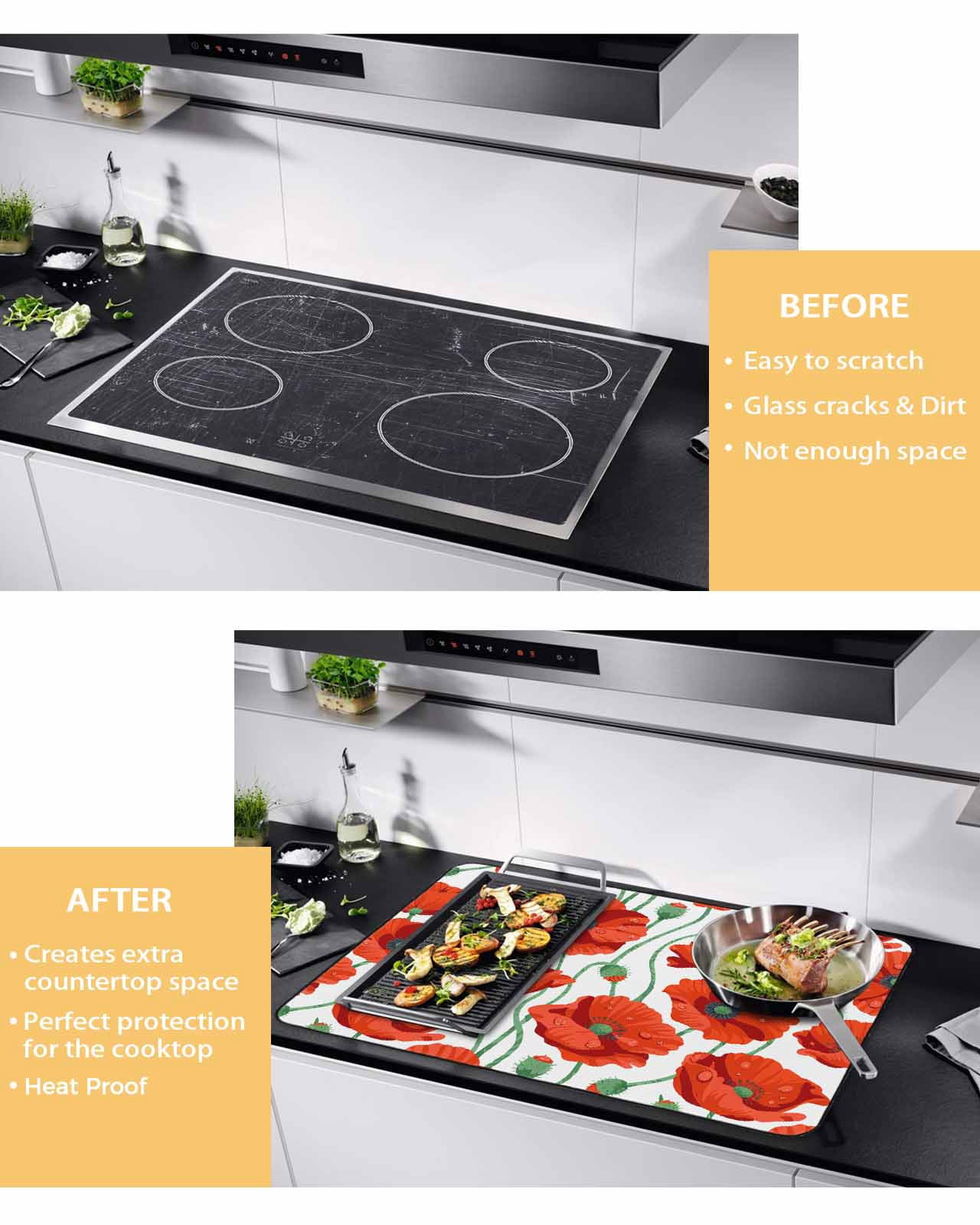 Large Induction Cooktop Protector Mat Red Flowers Stove Top Covers for Electric Stove, Spring Floral Watercolor Botanical Decorative Stove Burner Cover Mats, Glass Top Stove Cover