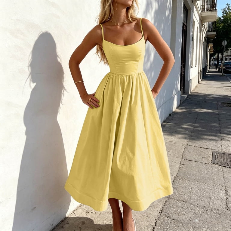 spaghetti strap midi dress casual Y-Sunset Women's Spaghetti Strap Midi Dress, Casual A-Line Sundress with  Pockets, Summer Beach Party Dress for Women(Yellow/XXXXXL)