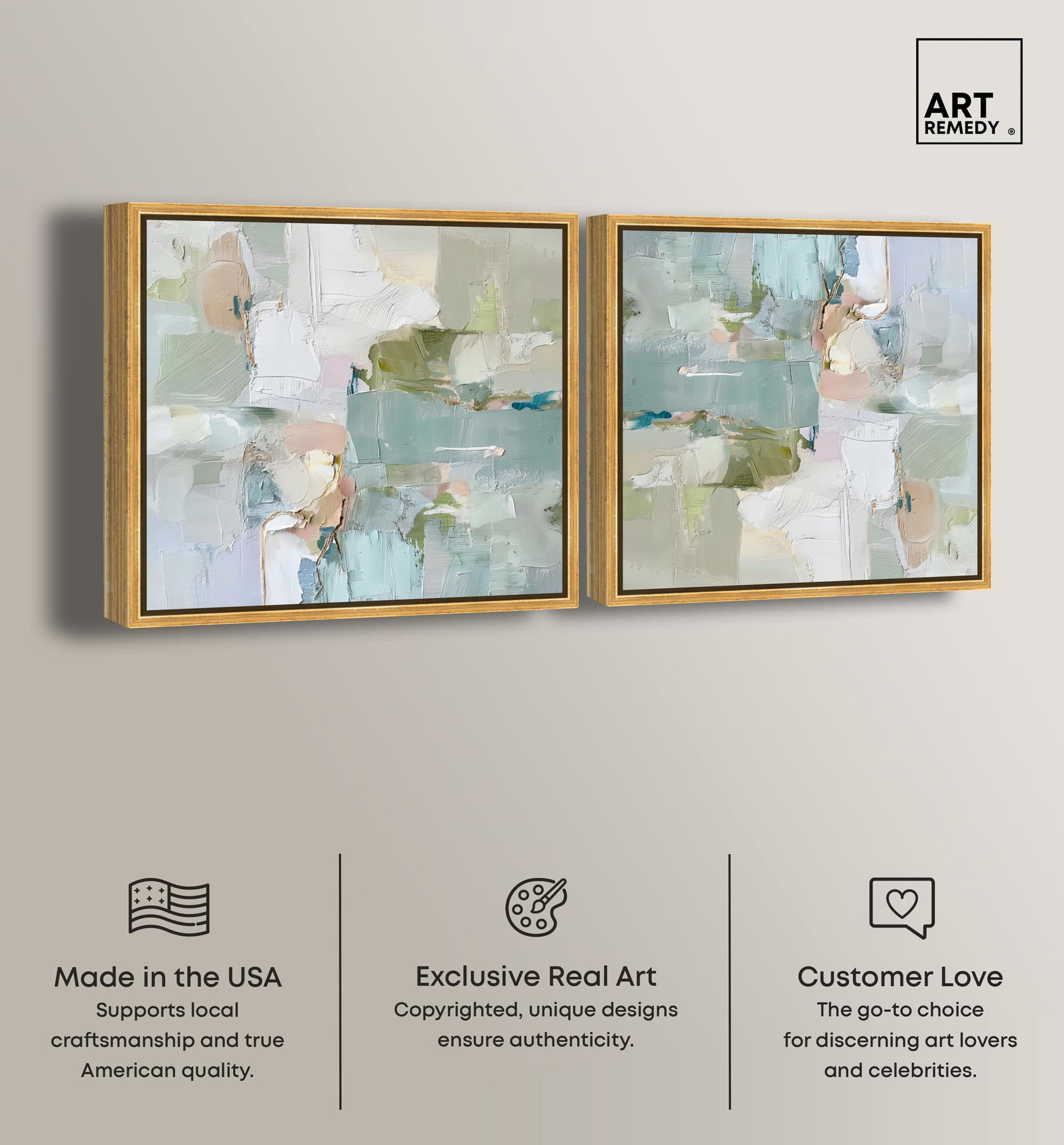 Art Remedy Modern Trendy Art Canvas, 30" x 30", Gold Frame, Jade Sweep I Set
