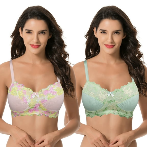 Curve Muse Women's Plus Size Minimizer Wirefree Unlined Bra With Lace Trim-2Pack-LT PINK,LT GREEN-34B