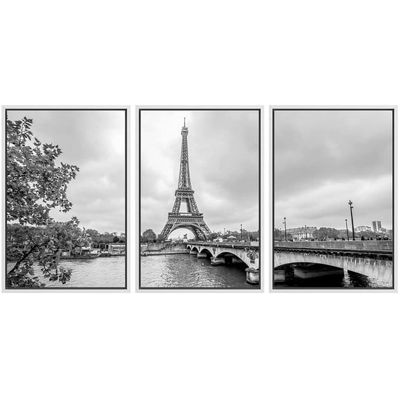 wall26 - 3 Piece Framed Canvas Wall Art - Paris Eiffel Tower from Seine. Cityscape in Black and White - Modern Home Art Stretched and Framed Ready to Hang - 16"x24"x3 White