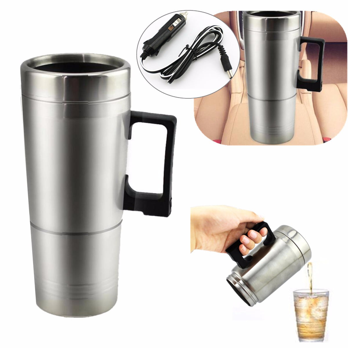 12V Car Heating Cup Simple 12V/24V 300ml Portable in Car Coffee Maker Tea Pot Vehicle Heating Cup Lid Outdoor Water Bottle 