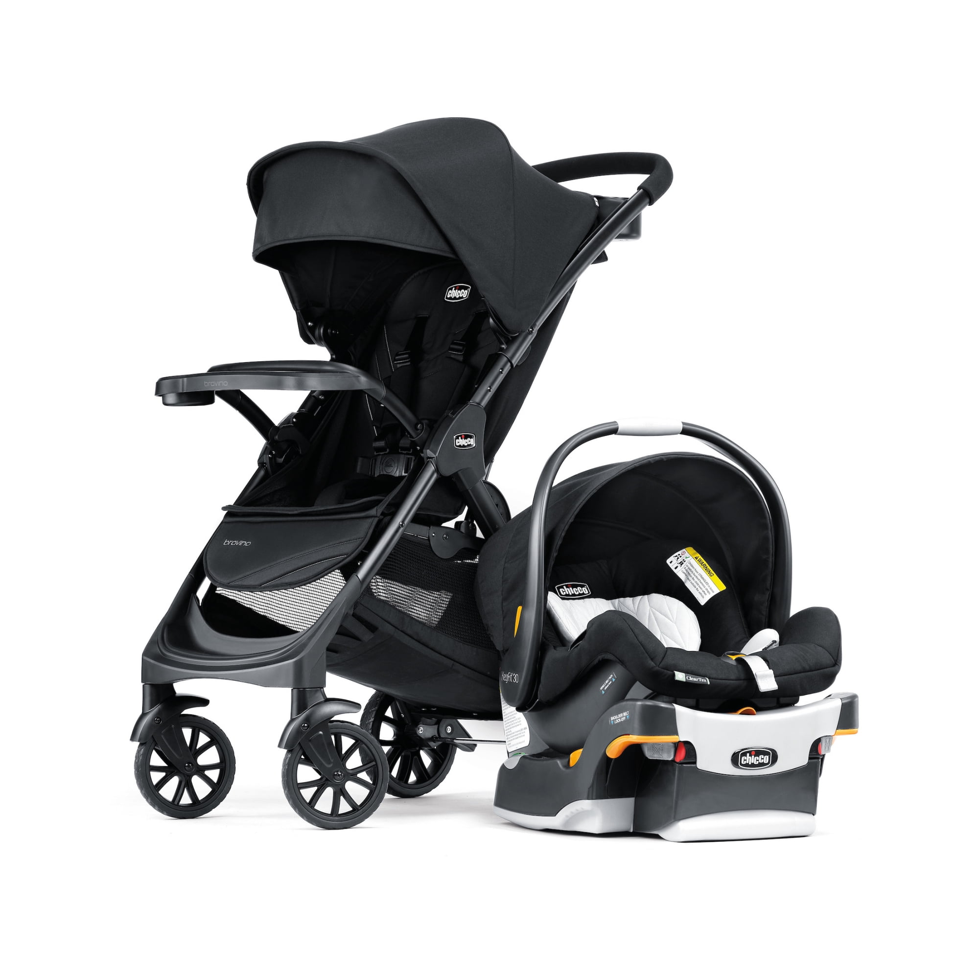 Chicco Bravino Travel System with Bravino Lightweight Stroller and KeyFit 30 ClearTex Infant Car Seat and Base, One-Hand Fold, UPF 50+ Canopy, Infant Car Seat for 4-30 lbs. - Ravine (Black)