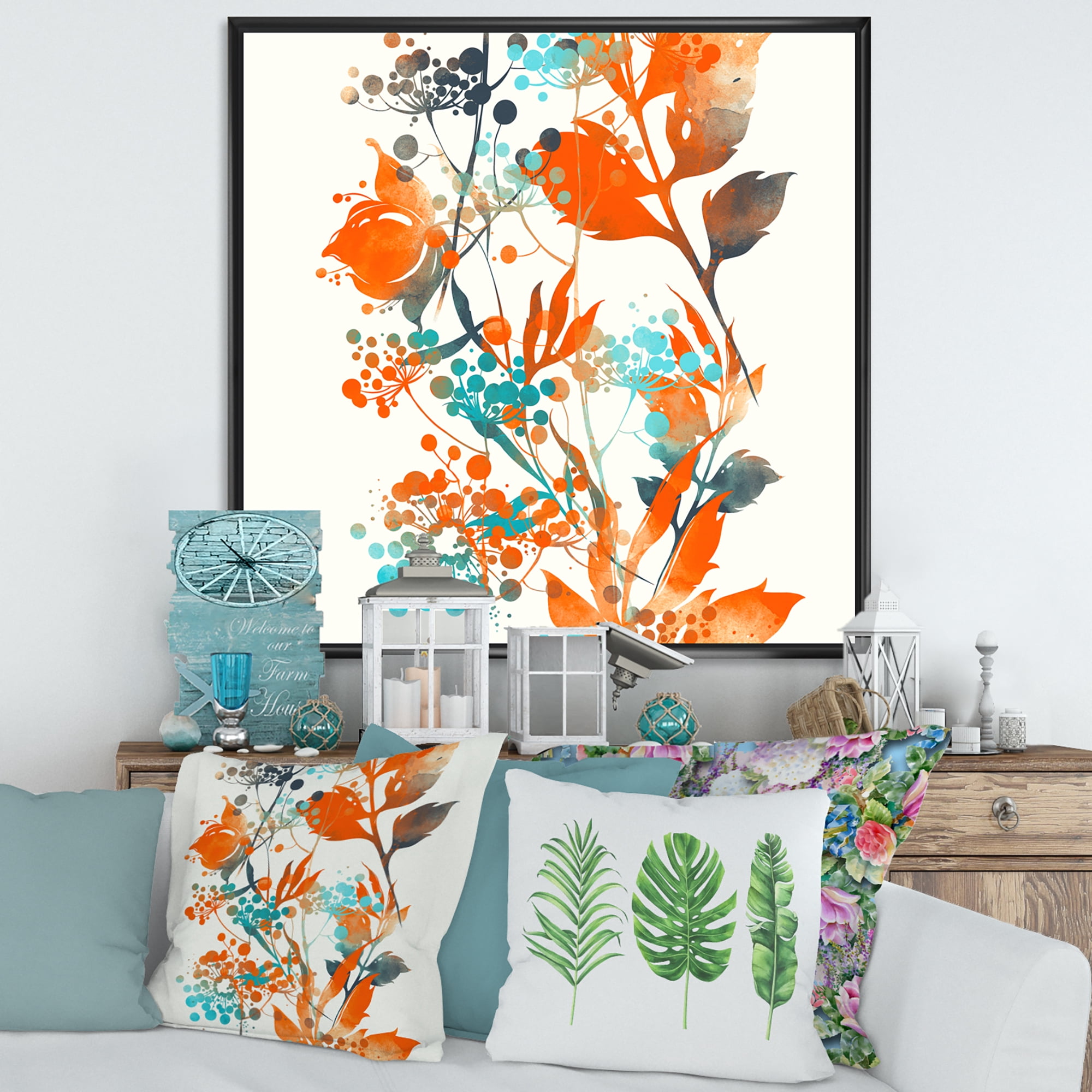 Orange and Green Wildflowers III 36" x 36" Framed Painting Canvas Art Print, by Designart