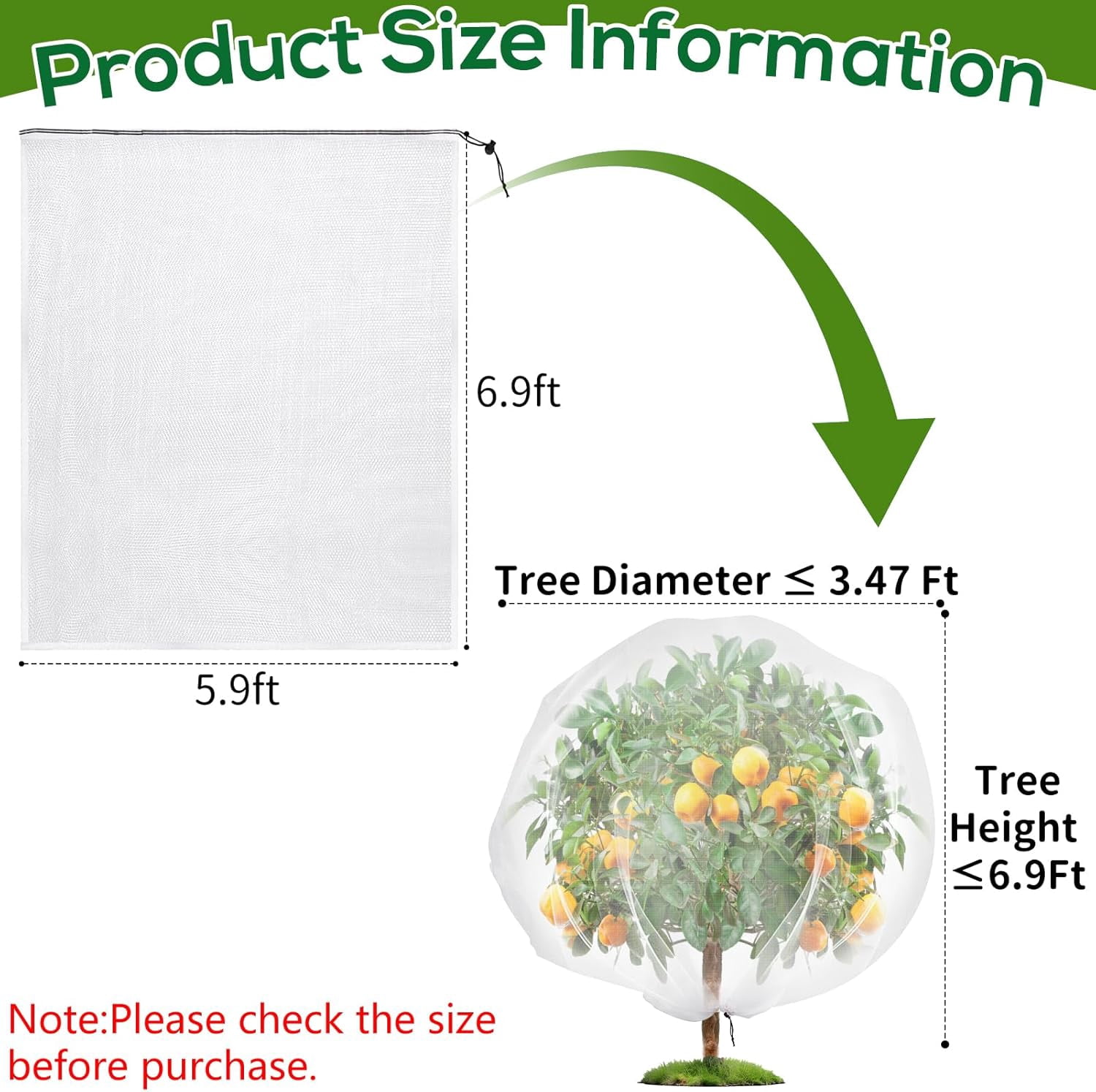 Fruit Tree Netting with Drawstring, 7 x 6ft Ultra-Fine Mesh Garden Insect & Bird Protection Cover, Breathable Reusable Tree Netting for Citrus, Apple, Peach & Shrubs