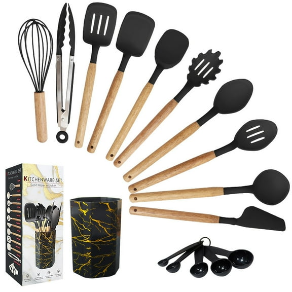 Silicone Cooking Utensils Sets with Utensils Holder AILKIN 12-Piece Wooden Handle Kitchen Utensil Set 600°F Heat Resistant Non-stick Cookware Utensils with Holder Spatulas,Whisk,Tongs,BPA Free,Black