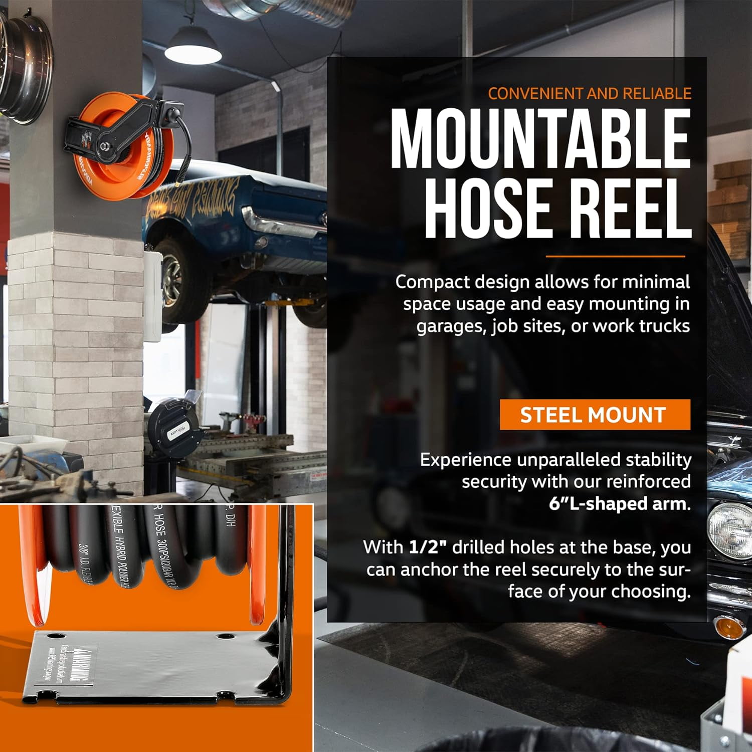 SuperHandy Industrial Retractable Air Hose Reel (Upgraded Design) - 3/8" x 50'FT, 1/4" NPT Connections, Single Arm