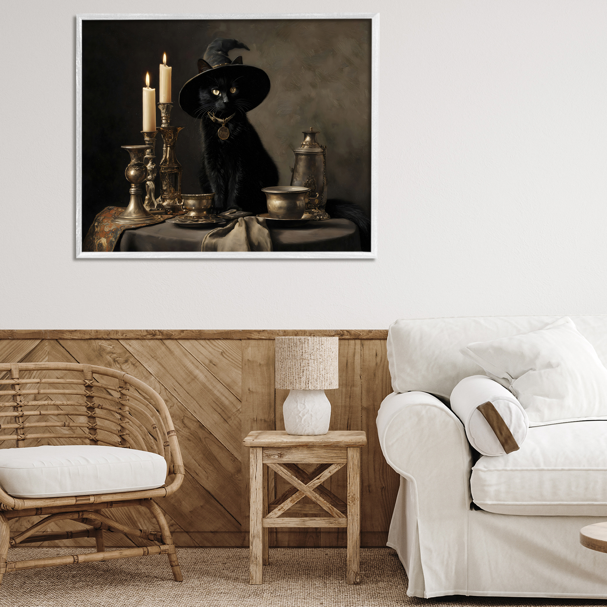 Vintage Witchy Black Cat White Framed Giclee Art, design by Arlington Prints
